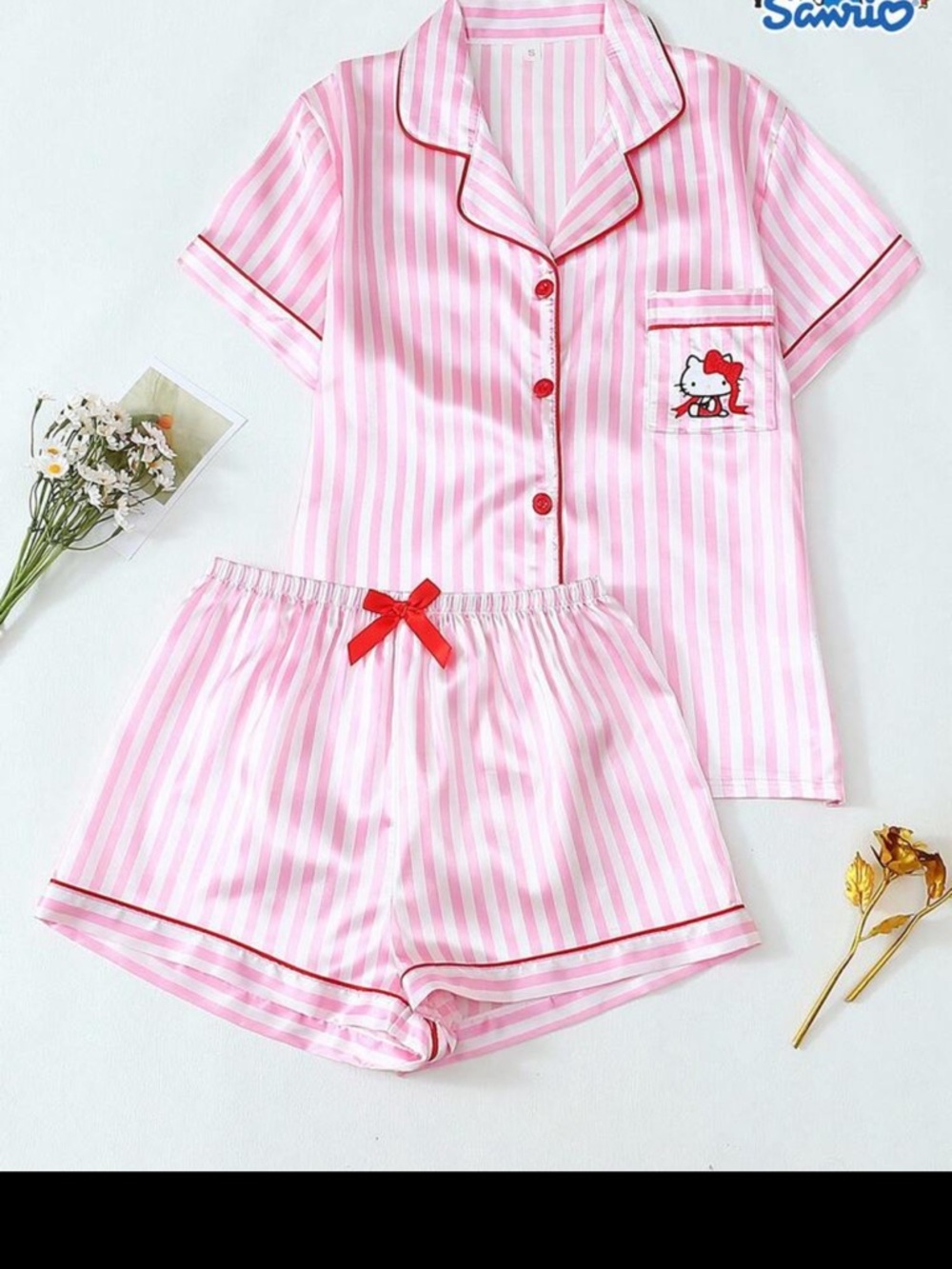 Hello Kitty Pink & White Striped Short Pajama Set with Red Accents